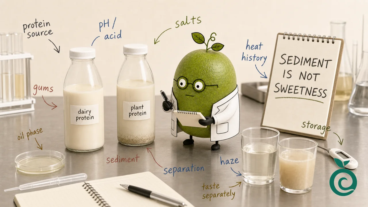 Concept illustration separating protein-drink sediment, separation and haze from sweetness; dairy and plant bottles and laboratory props are illustrative, not comparative test results or a factory test record.