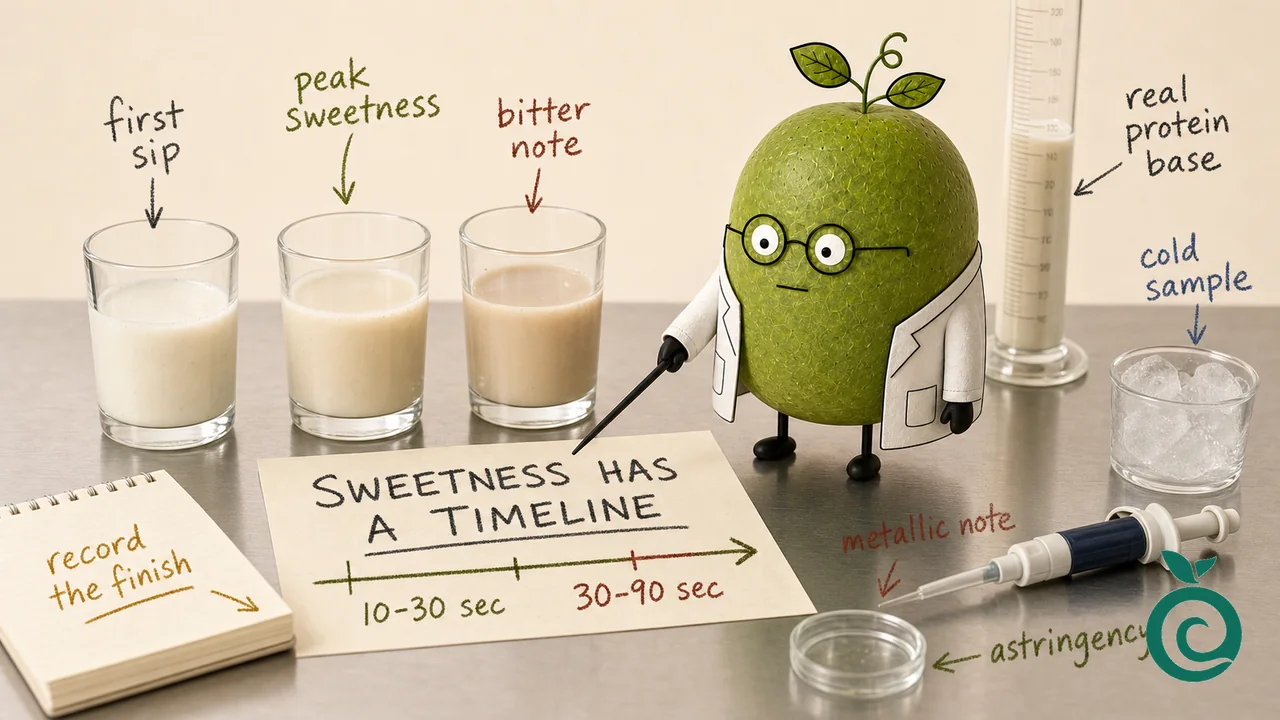 Concept illustration of first sip, peak and finish in a protein beverage; 10–30 and 30–90 second windows are proposed observations, not measured taste curves, standard persistence times or a Hengliyuan test record.