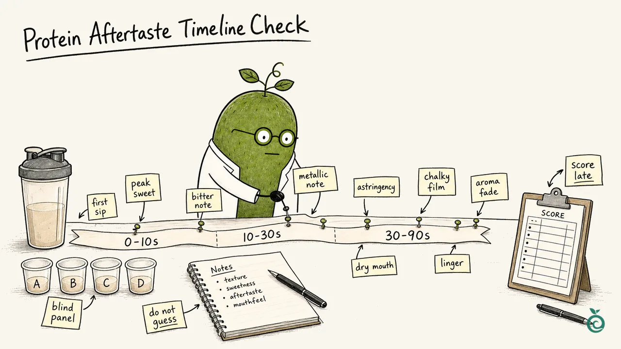 Concept timeline for protein-powder opening, middle and finish observations; 0–10, 10–30 and 30–90 second windows, A–D cups and descriptor order are illustrative, not measured curves, required panel size or a Hengliyuan trial.