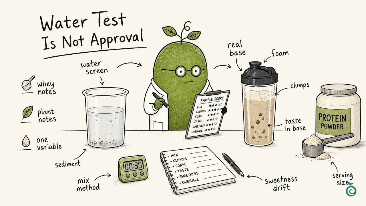 Concept illustration comparing sweetener-only water screening with a prepared protein powder; deposits, clumps, 00:30 timer, stars and scoop are illustrative, not measured results, a validated scale or a recommended serving.