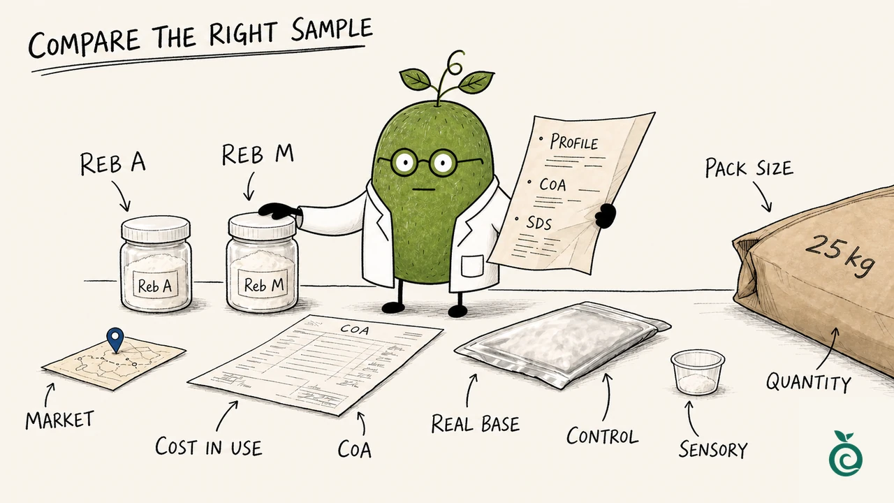 Illustrated Reb A and Reb M samples beside grade documents, a real-base control and purchasing notes; compare ingredient identity before price.