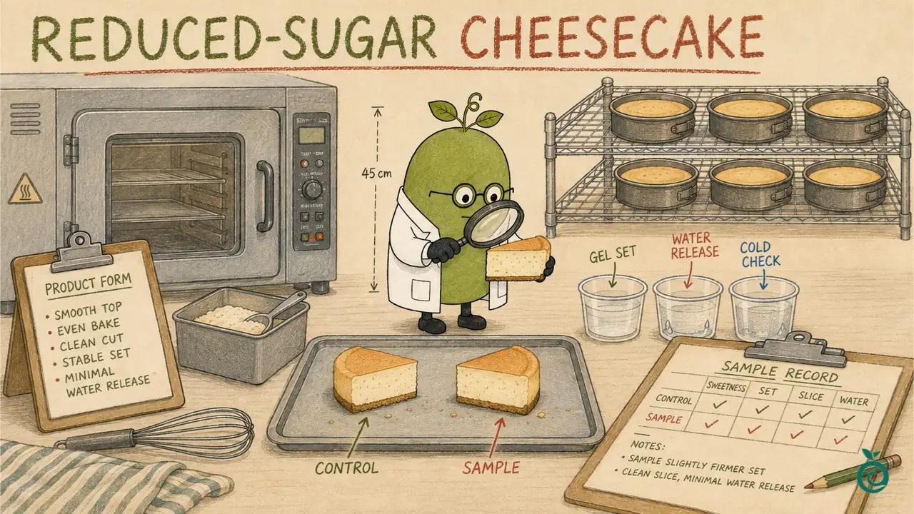 Illustrated cheesecake control and sample slices beside separate sweetness, set, slice and water-release notes; keep the four results distinct.