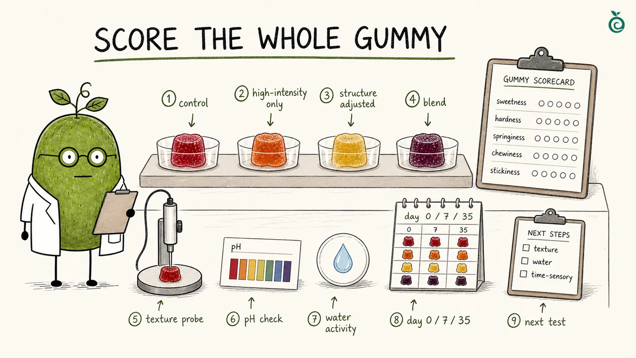Illustrated control, sweetness-only, structure-adjusted and blend gummy samples with separate texture, pH, water and storage records.