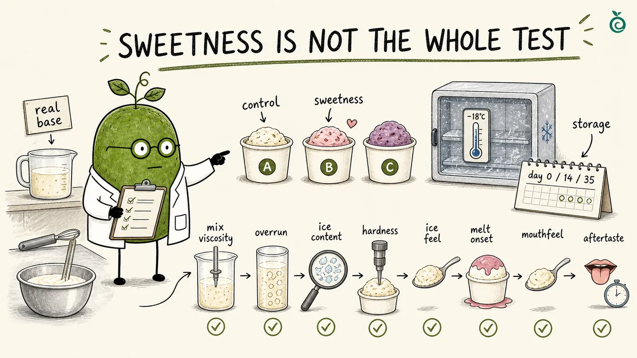 Illustrated frozen dessert comparison with a control, samples and storage checks.