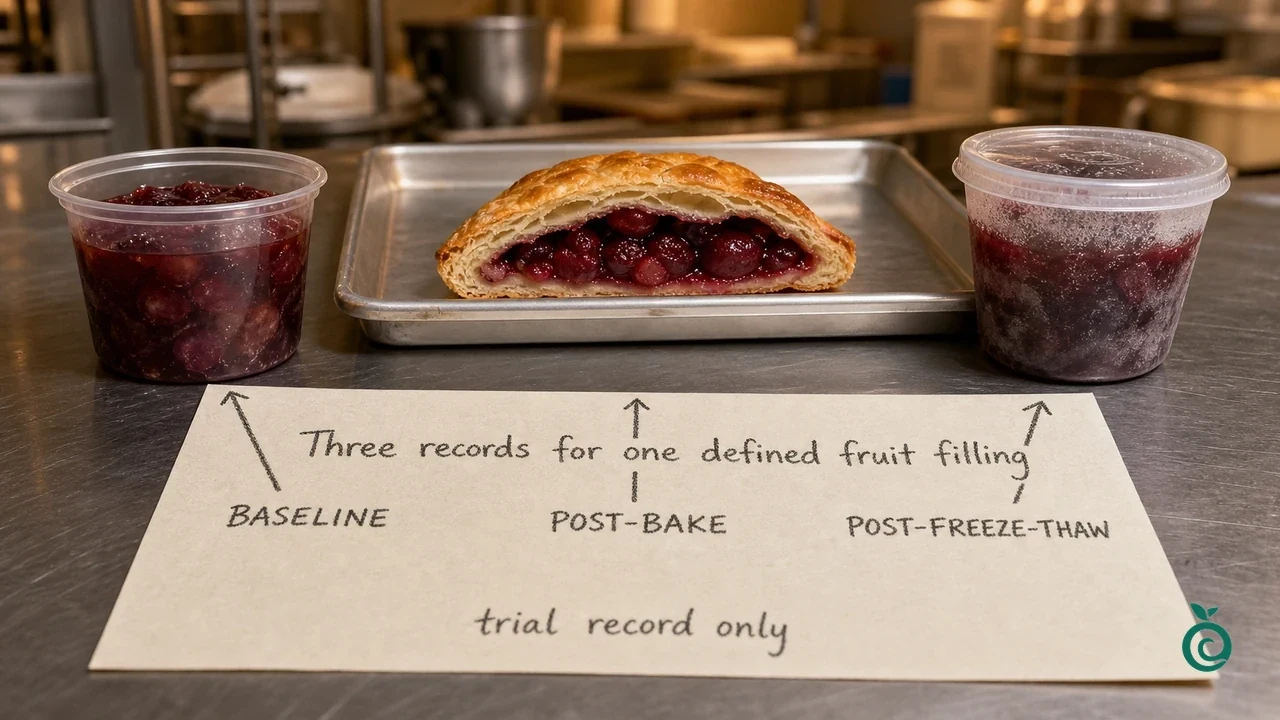 Photographic illustration of baseline fruit filling, baked pastry and freeze-thaw filling; three separate trial records, not measured factory results.