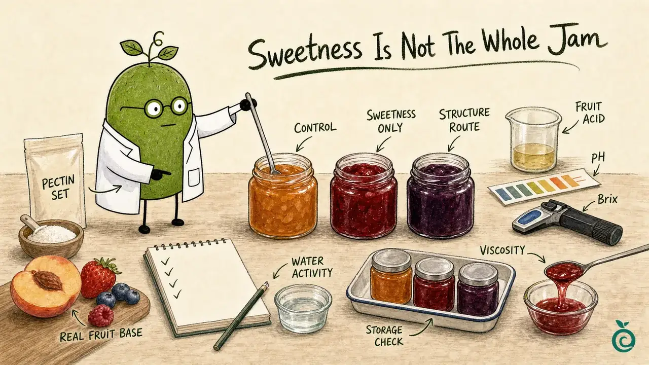 Illustrated control, sweetness-only and structure-adjusted jam samples; the water dish is not a water-activity measurement and the ticks are not trial results.