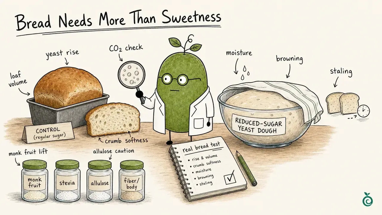 Concept illustration of yeast-bread rise, loaf volume, crumb, moisture, browning and storage checks; the drawn bubbles, drops and tick are not measured results.