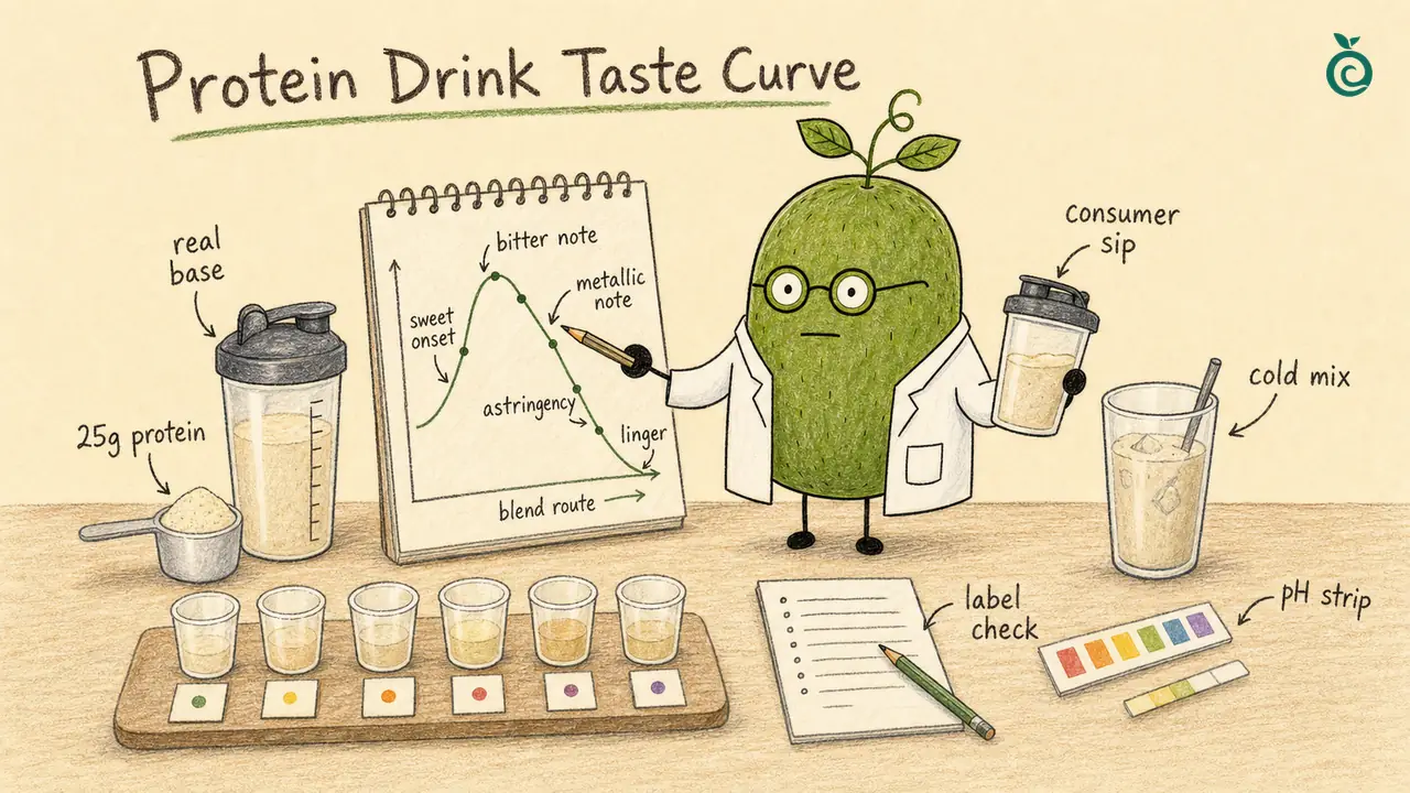 Conceptual protein-drink tasting scene: real-base preparation, coded cups and an unscaled line linking sensory prompts; the 25 g label is study context, not a powder serving, dose recommendation or measured taste curve.