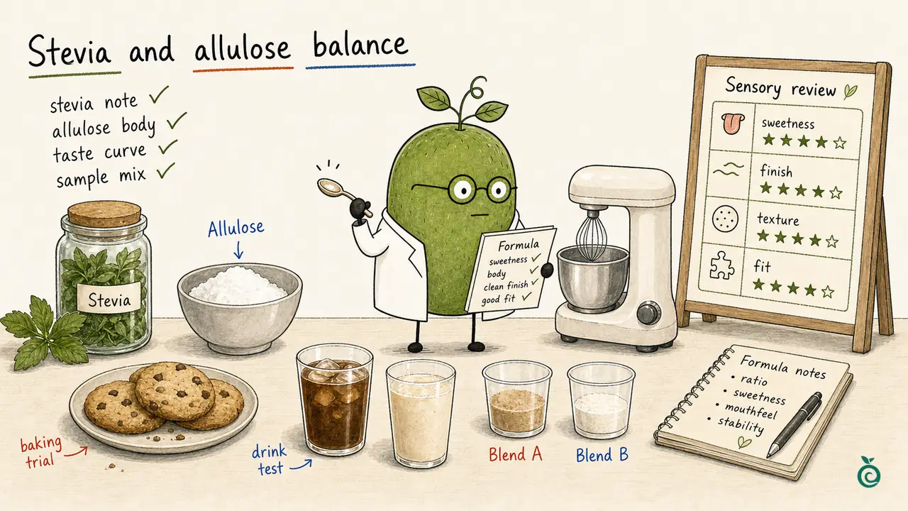 Drawn stevia and allulose comparison with drinks, baking, checkmarks and stars; the scores and kitchen mixer are illustrative, not factory trial results or production equipment.