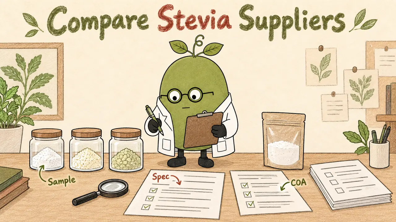 Drawn comparison of stevia sample jars, a specification and a COA; jar colors and checked boxes illustrate a review, not measured grade differences or verified batch results.