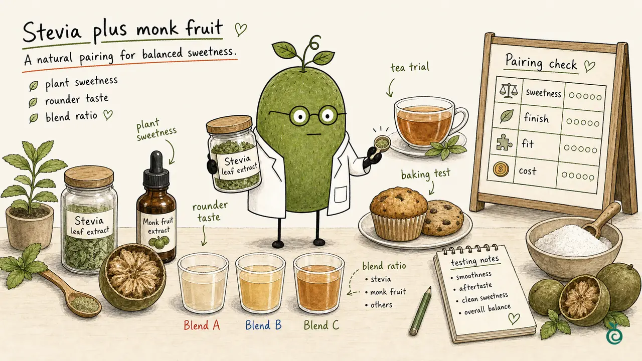 Drawn stevia and monk fruit samples beside Blend A, B and C drinks, a tea cup, baked goods and a rating board; the leaf jars, dropper and rating circles are illustrative, not supplied forms or measured blend results.
