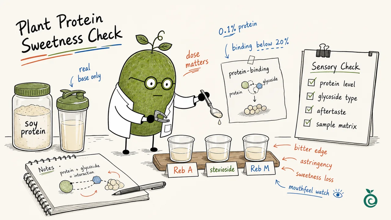 Illustration of soy protein, Reb A, stevioside and Reb M samples; the 0.1% protein and below-20% binding labels refer to a published isolated-soy model, not a commercial protein-drink recipe or factory result.
