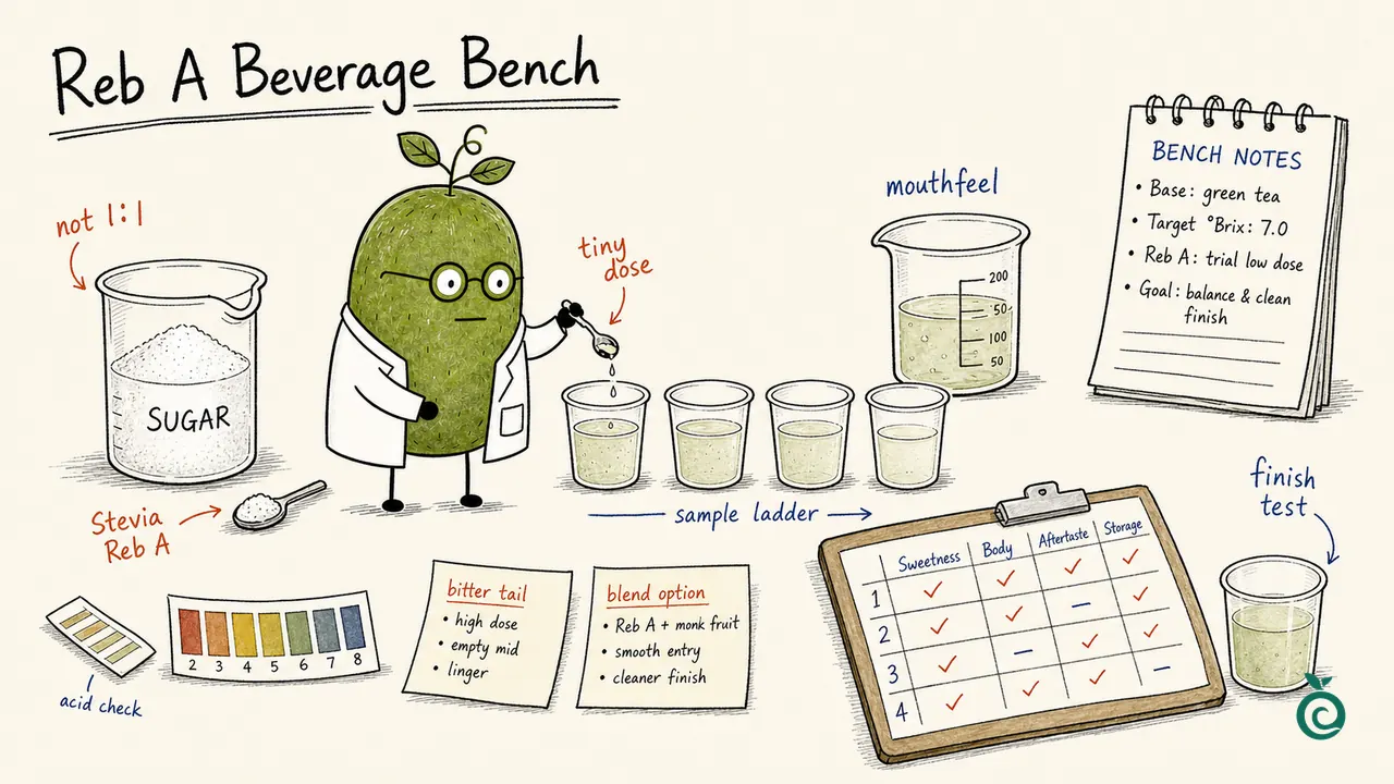 Illustrated Reb A beverage bench comparing a small sweetener addition with sugar mass, drink samples and a checklist; the 7.0 Brix note, pH strip, dropper and checks are props, not validated targets, supplied forms or factory results.