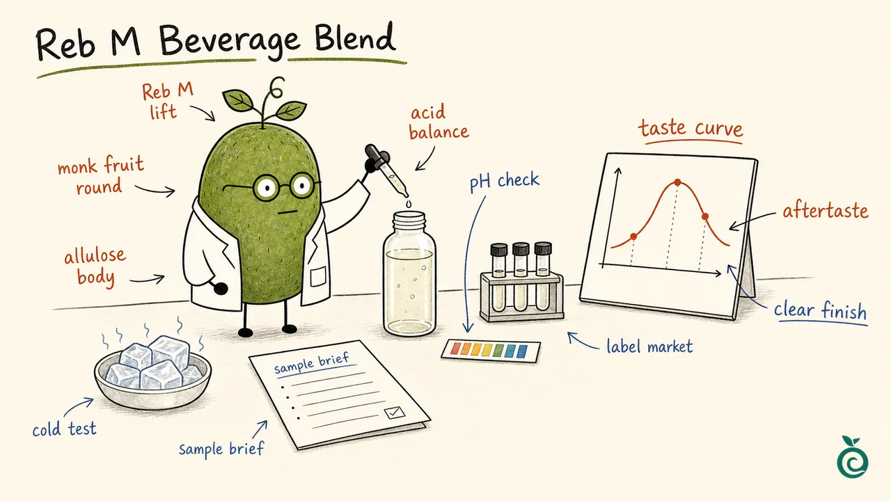 Illustrated Reb M beverage bench with monk fruit and allulose roles, a dropper, pH strip, ice and an uncalibrated taste curve; the drawn curve and checks are not factory sensory data, supplied forms or validated processing results.