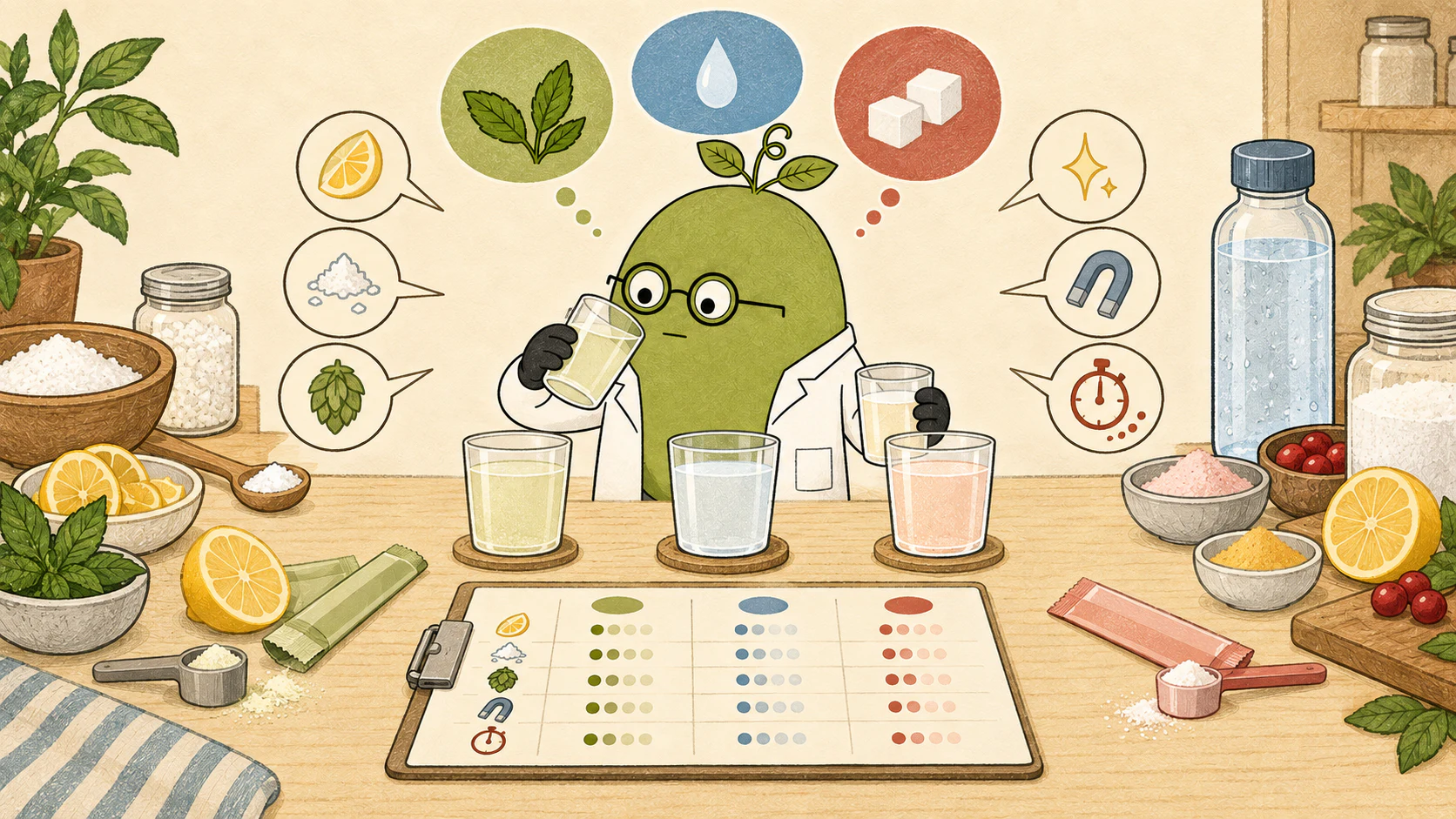 Illustrated electrolyte-drink sample bench with three cups, rating dots, salt, citrus, a stopwatch and generic packets; the symbols are planning aids, not measured scores, metal assays, timing results or supplied product specifications.