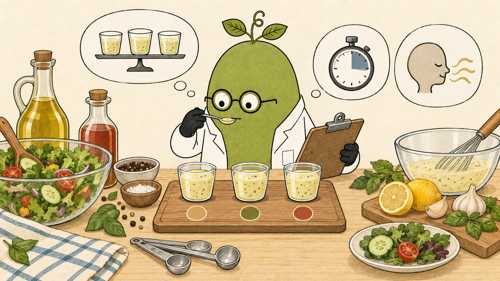 Illustrated dressing comparison with three cups, a stopwatch, aroma symbol, measuring spoons and a blank clipboard; the colored sample markers are not liking scores, validated doses or measured aftertaste durations.