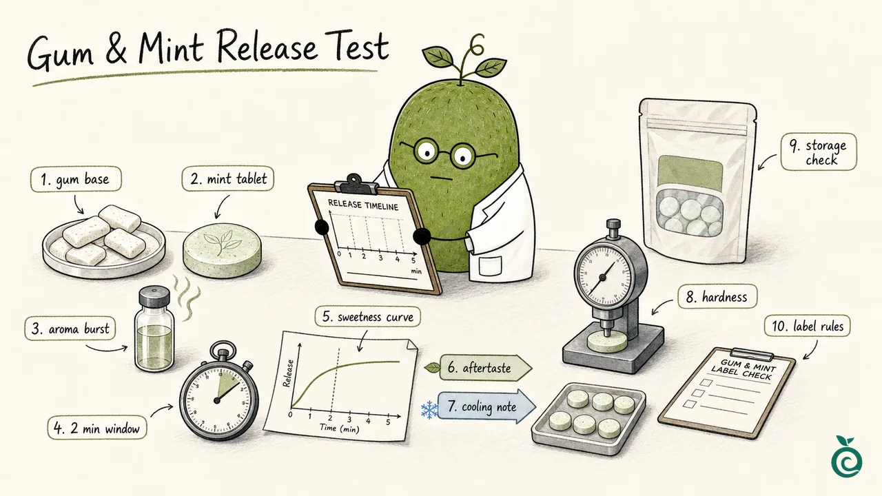 Illustrated gum and mint testing scene with a schematic release curve, two-minute marker, texture instrument and packaging checks; no measured performance data are shown.