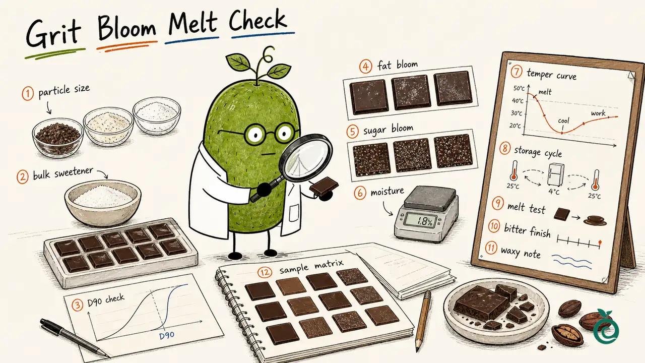 Illustrated chocolate trial showing particle, melt and storage observations.