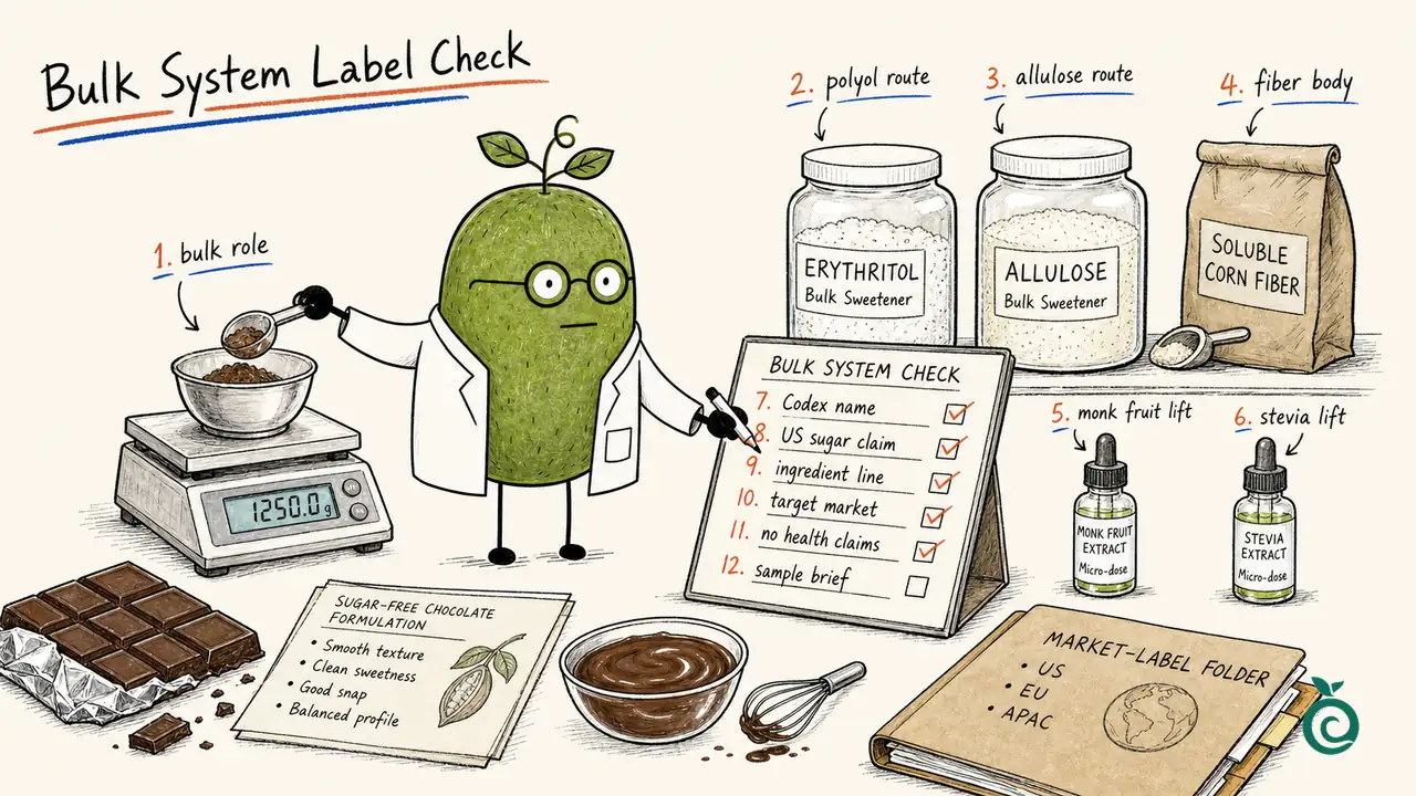Illustrated chocolate development bench separating bulk ingredients from monk fruit and stevia sweetness adjustment, with a scale and market-label folders; numbers and approval marks are schematic props.