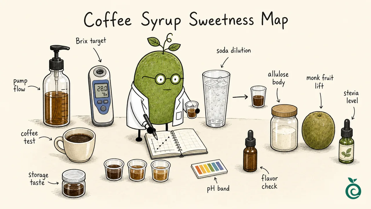 Illustrated coffee and soda syrup testing bench with pump delivery, a 28.0 Brix display, coffee and sparkling-water samples, a pH color strip and sweetness notes; the numbers and curve are schematic props.