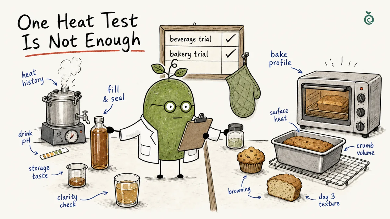 Monk Fruit Doctor distinguishes beverage pH, filling, clarity and storage taste from bakery heat profile, browning and crumb texture; the checkmarks and day-three note are illustrative.