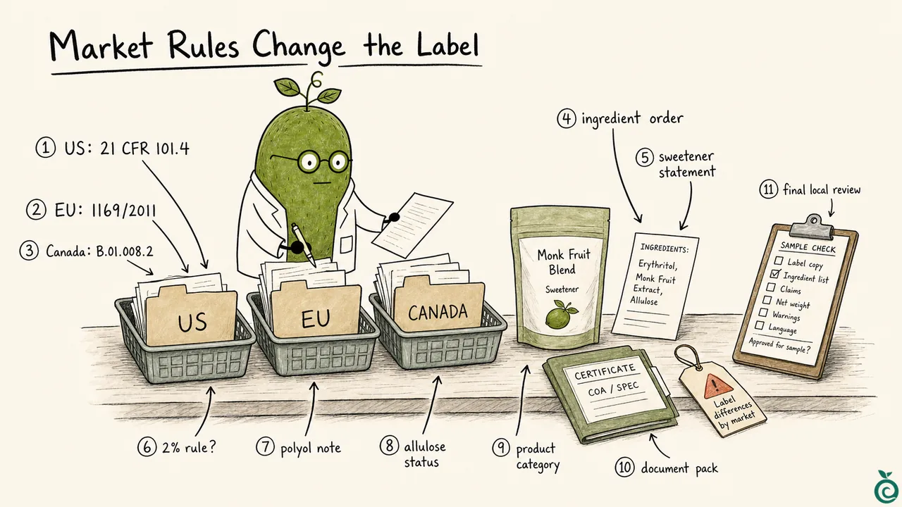 Monk Fruit Doctor separates US, EU and Canadian ingredient-order, sweetener-declaration and document checks; the drawn blend label and checkmark are illustrative, not an approved formula or label.