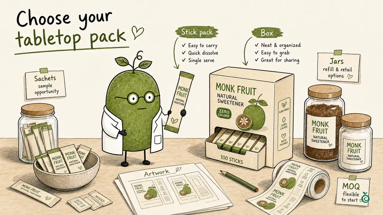 Monk Fruit Doctor compares illustrative sweetener sticks, sachets, a retail box and jars; the drawn pack count, claims and MOQ note are schematic rather than confirmed product or supply terms.