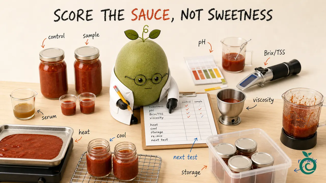 Monk Fruit Doctor illustrates paired sauce records for sweetness, pH, Brix, flow and separation; the drawn test equipment, colors and checkmarks are schematic rather than measured results or validated methods.