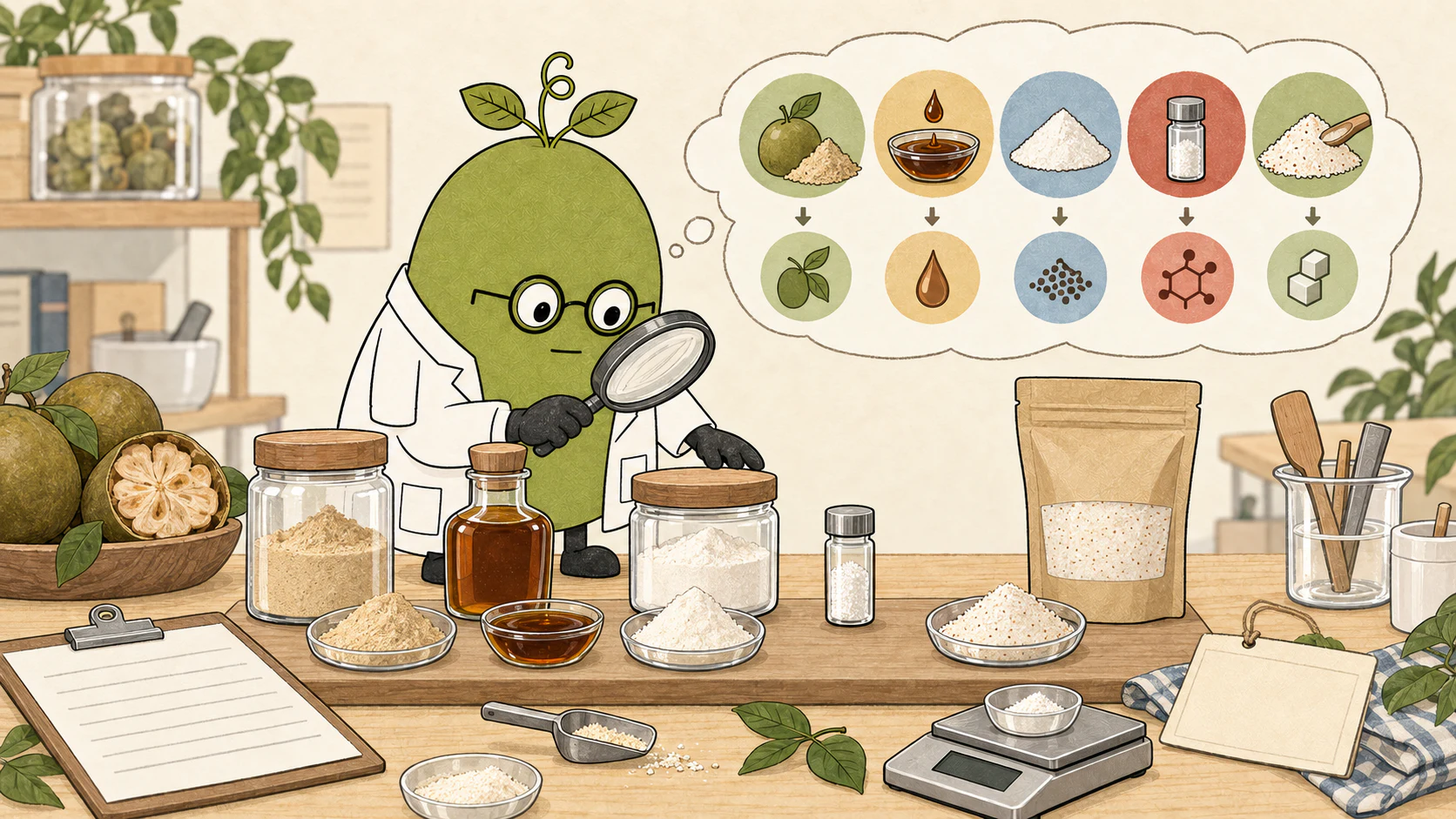Monk Fruit Doctor comparing whole fruit powder, juice concentrate, juice powder, extract and a blend; jars and composition symbols are illustrative, not measured proportions.