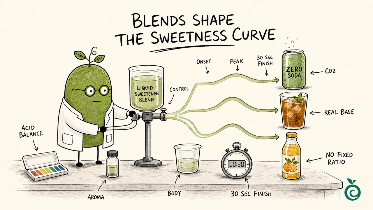 Monk Fruit Doctor planning sweetness timing, acid balance and body checks; the drawn curves, liquid dispenser, 30-second marker and zero-soda can are schematic, not test data, a required protocol or an approved label.