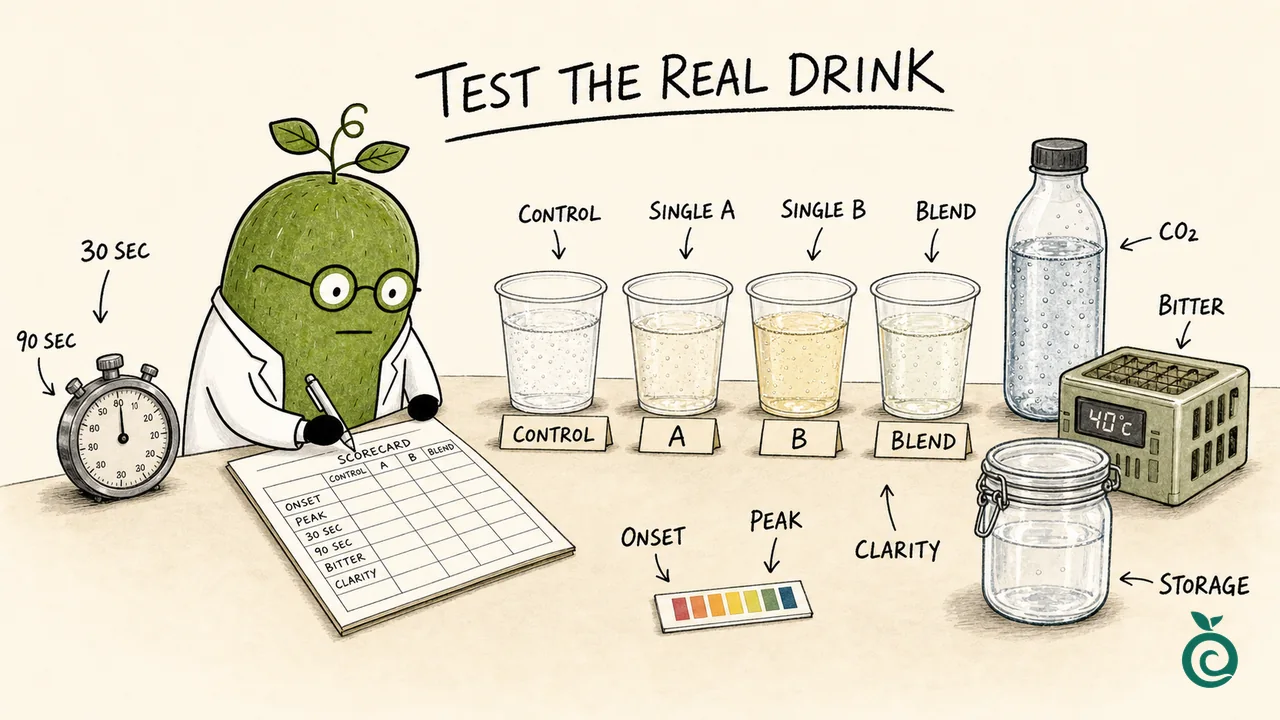 Monk Fruit Doctor comparing control, candidate A, candidate B and blend in a beverage; cup colors, 30/90-second labels, 40-degree display and storage jar are schematic, not measured results or a prescribed protocol.