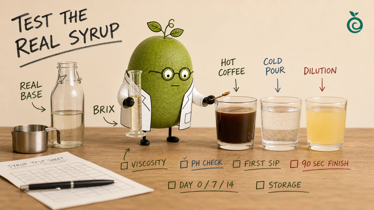 Monk Fruit Doctor comparing syrup, hot coffee, cold pour and a diluted drink; the BRIX arrow, graduated cylinder, ticks, 90-second label and day markers are schematic, not measurements or a prescribed protocol.